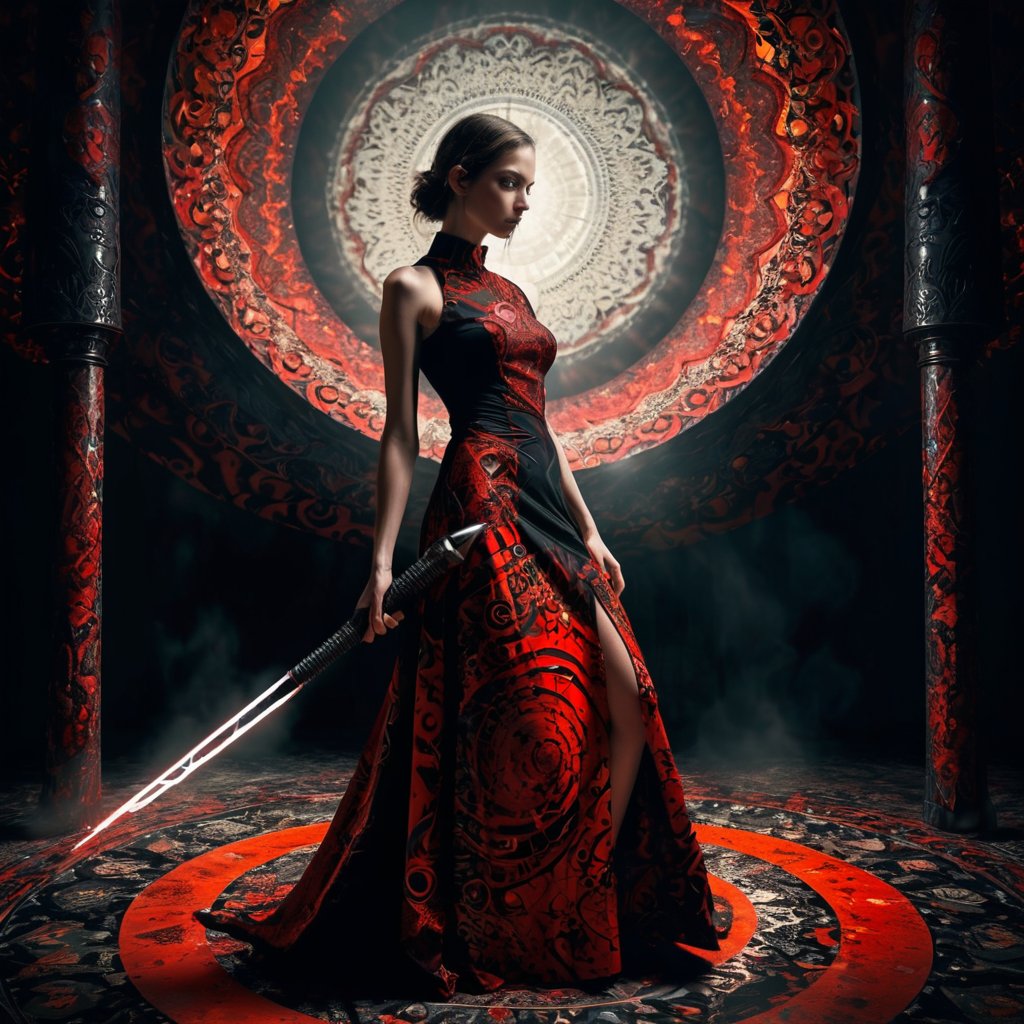 a woman, vibrant red and black dress, intricate patterns, surrealistic setting, distorted proportions, abstract background, mace weapon, detailed textures, mind-bending perspective, unique and imaginative, artistically daring, mysterious lighting effects