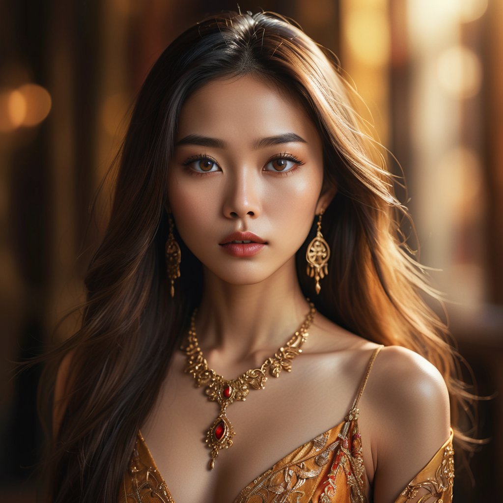 exotic female beauty, asian and latin features, long flowing hair, almond-shaped eyes, full lips, golden skin, elegant dress, intricate jewelry, mysterious atmosphere, penetrating gaze, enigmatic expression, minimalist background, warm and vibrant colors, soft light, realistic details, artistic portrait