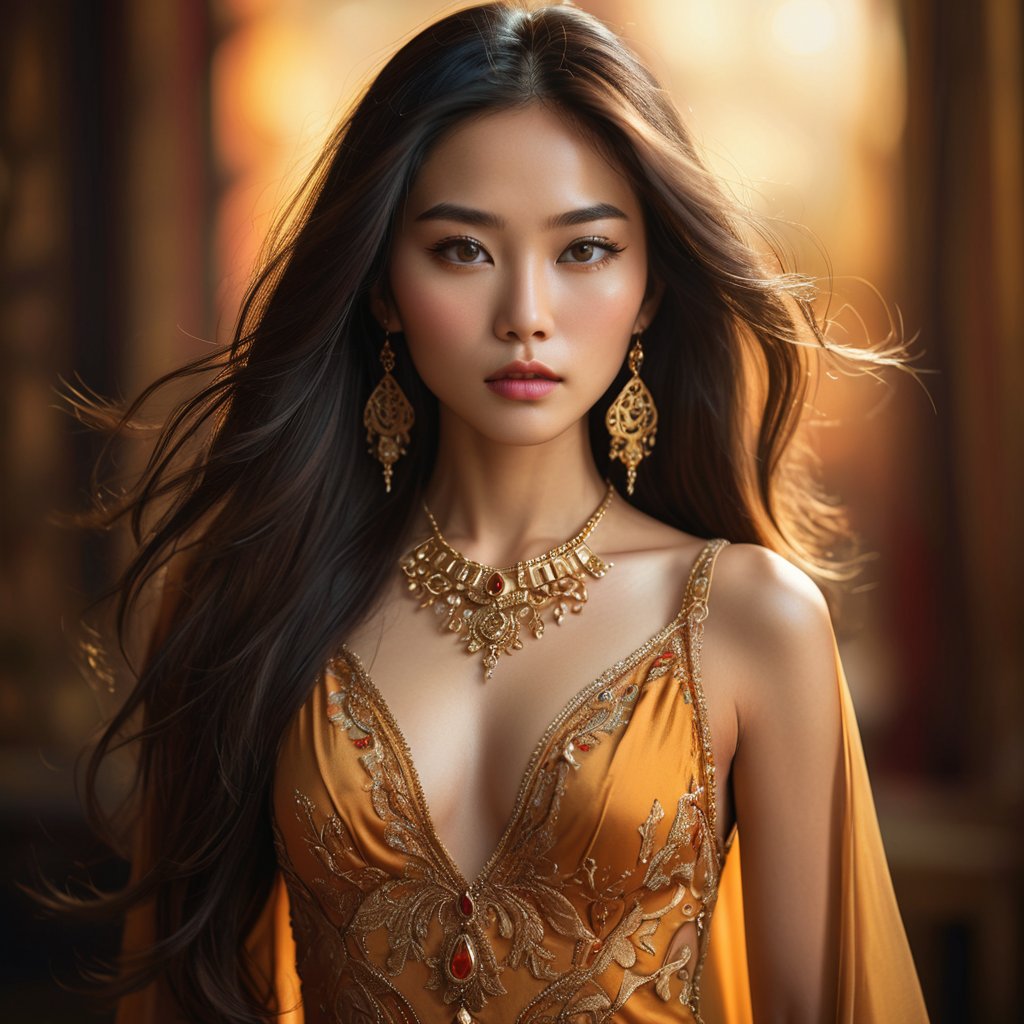 exotic female beauty, asian and latin features, long flowing hair, almond-shaped eyes, full lips, golden skin, elegant dress, intricate jewelry, mysterious atmosphere, penetrating gaze, enigmatic expression, minimalist background, warm and vibrant colors, soft light, realistic details, artistic portrait