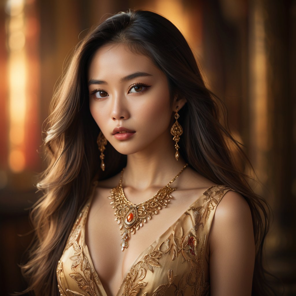 exotic female beauty, asian and latin features, long flowing hair, almond-shaped eyes, full lips, golden skin, elegant dress, intricate jewelry, mysterious atmosphere, penetrating gaze, enigmatic expression, minimalist background, warm and vibrant colors, soft light, realistic details, artistic portrait