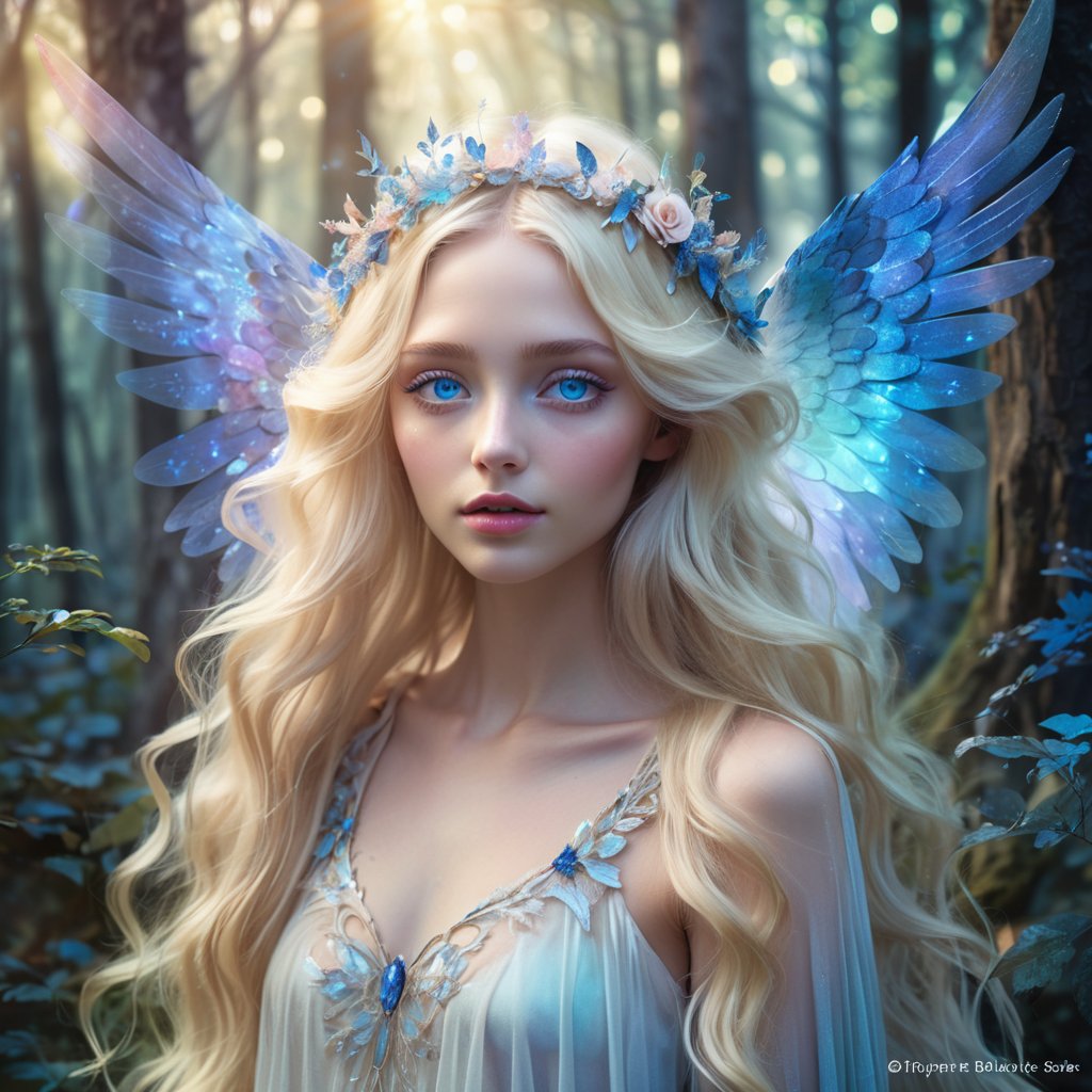 enchanting mystical female creature, ethereal aura, flowing iridescent wings, radiant halo, intricate floral crown, long flowing blonde hair, intense sapphire blue eyes, delicate features, surreal setting, whimsical forest background, soft pastel color palette, fantasy art style, detailed and ethereal, magical glow