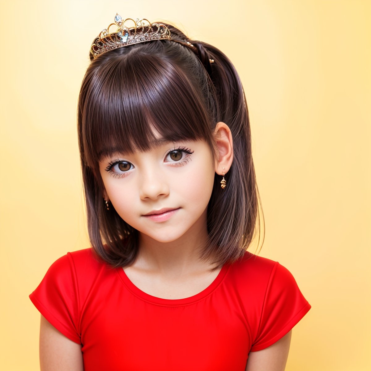 SFW, extra resolution, view from above, full body portrait of calm (AIDA_LoRA_LauraB:1.33) in a red shirt and with a tiara posing for a picture on yellow background, yellow wall with pattern on the background, yellow room, young teen girl, open mouth, cinematic, dramatic, hyper realistic, studio photo, kkw-ph1, hdr, f1.6, getty images