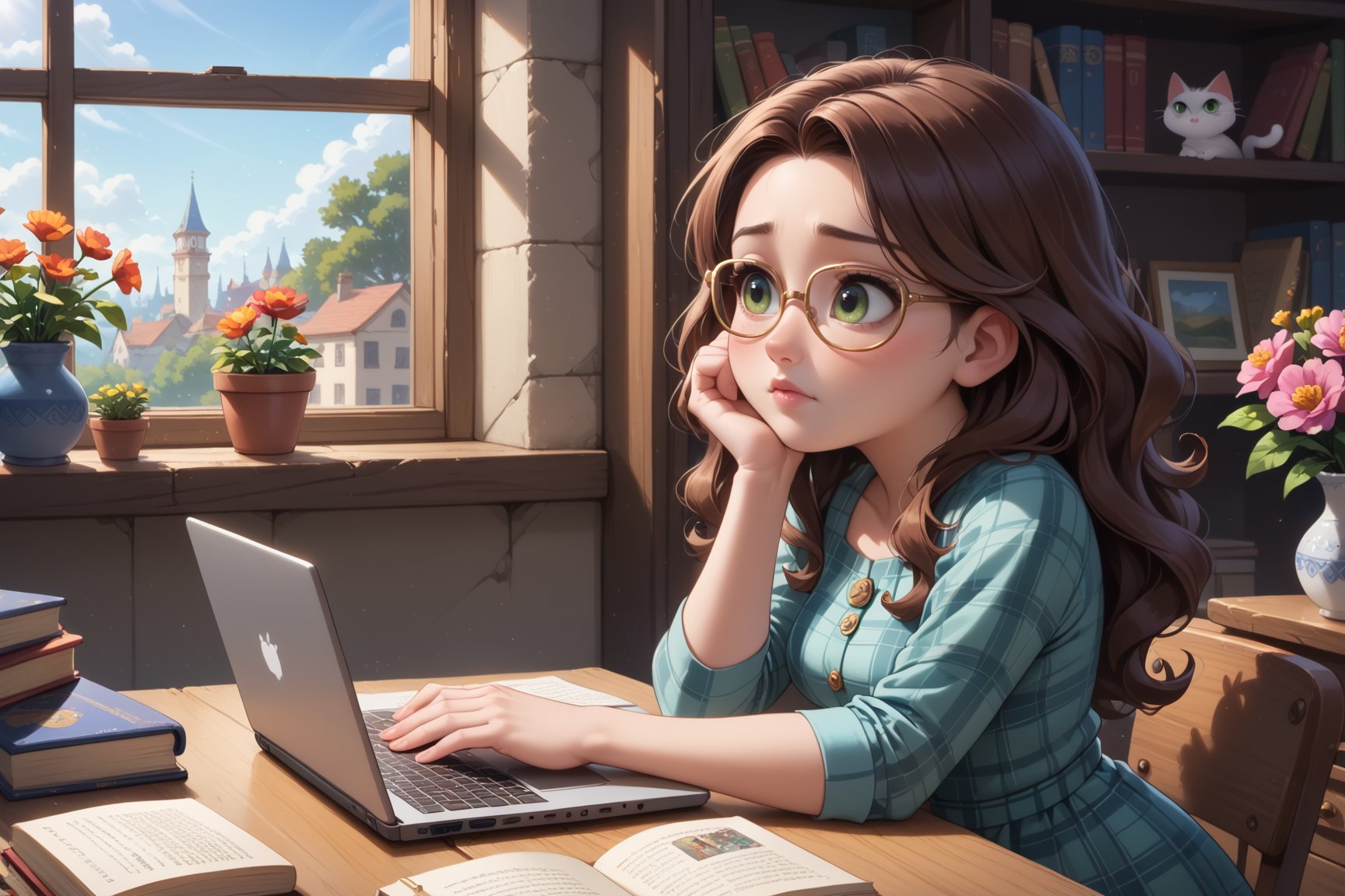  score_9, score_8,  score_7, 1girl, wavy hair, glasses, brown hair, green eyes, , studying , lofi style, view from side, desk, laptop, thinking, books, flower vase, window, source_anime , fat:0.05, solo female, plaid dress,looking to viewer, , looking to viewer, ,Meowscaradaxl,chibi,by meesh,disney pixar style