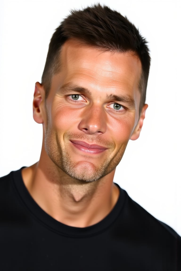 photo of Tom Brady, a man in a black shirt is smiling for the camera with a white background and a white background behind him
