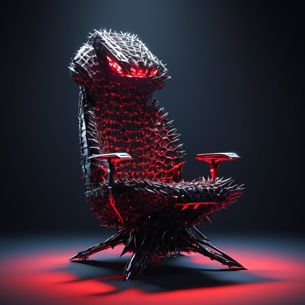 A hellish thorny brutalist gaming chair made of solid thorny metal, black detailed, subsurface scattering, alien spaceship, futuristic, dark background, glow, red, volumetric light, 3d, style,Movie Still