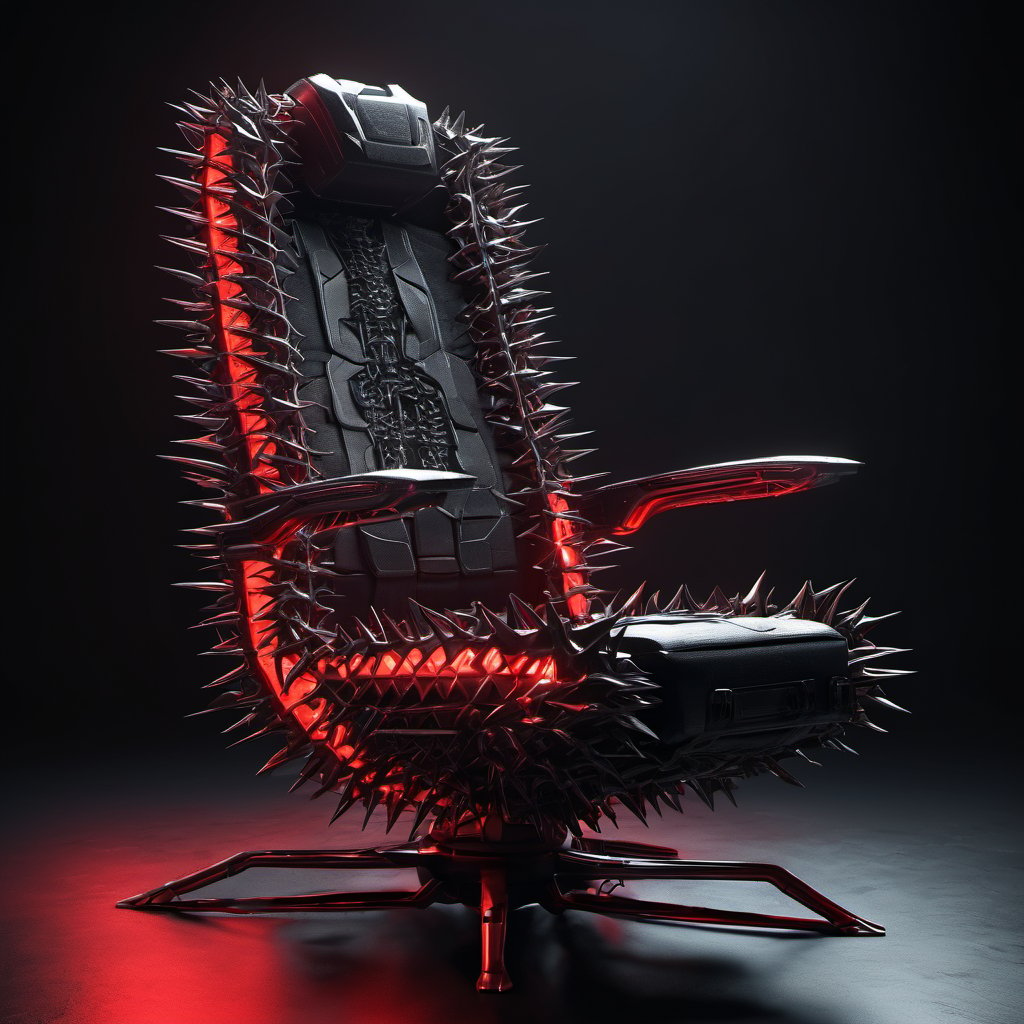 A hellish thorny brutalist gaming chair made of solid thorny metal, black detailed, subsurface scattering, alien spaceship, futuristic, dark background, glow, red, volumetric light, 3d, style,Movie Still