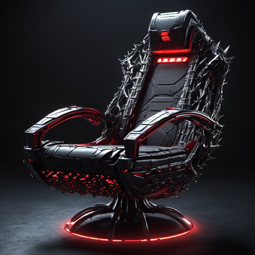 A thorny brutalist gaming chair made of solid metal, black detailed, subsurface scattering, alien spaceship, futuristic, dark background, glow, red, volumetric light, 3d, style,Movie Still