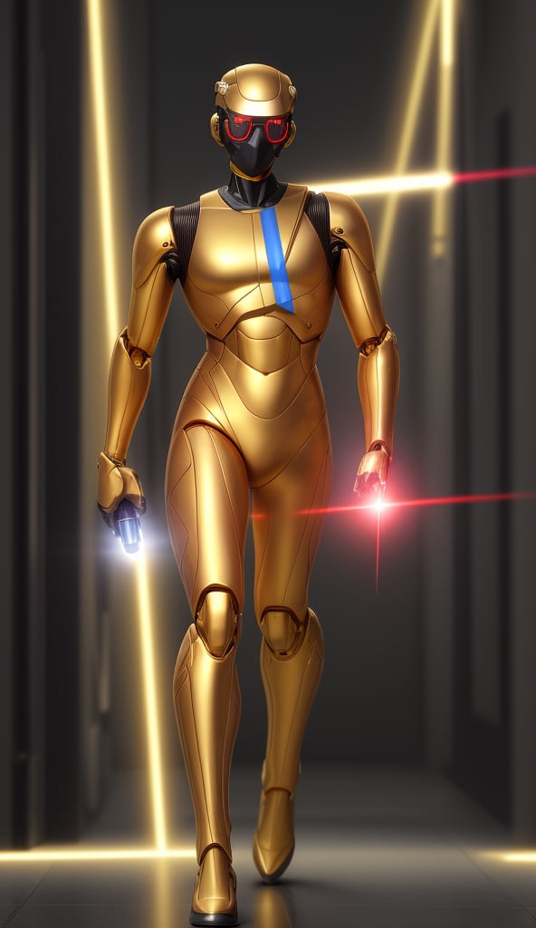 Human robot, full_body, Holds a laser gun in his hands, walking, golden outfit, spectacles, face mask, 