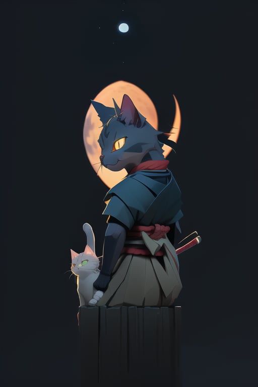 samurai cat , face , simplistic , neon , moonlight, moon warrior