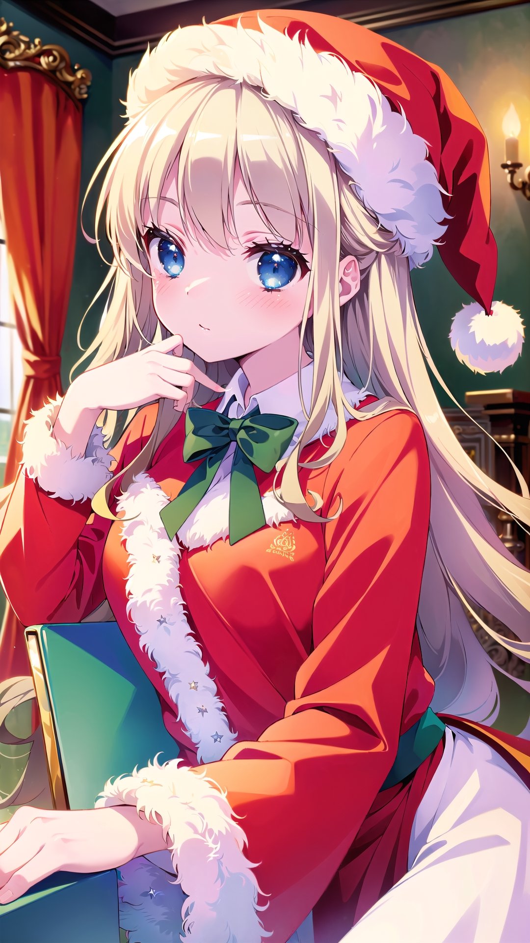 (Masterpiece, Top Quality, High Quality, Best Picture Score: 1.3), Perfect Beauty: 1.5, blonde hair, long hair, (Santa Claus costume), one person, (Santa Claue Hat), inside house, blue_eyes, seductive eyes, seductive_pose, looking away from camera, messy hair,