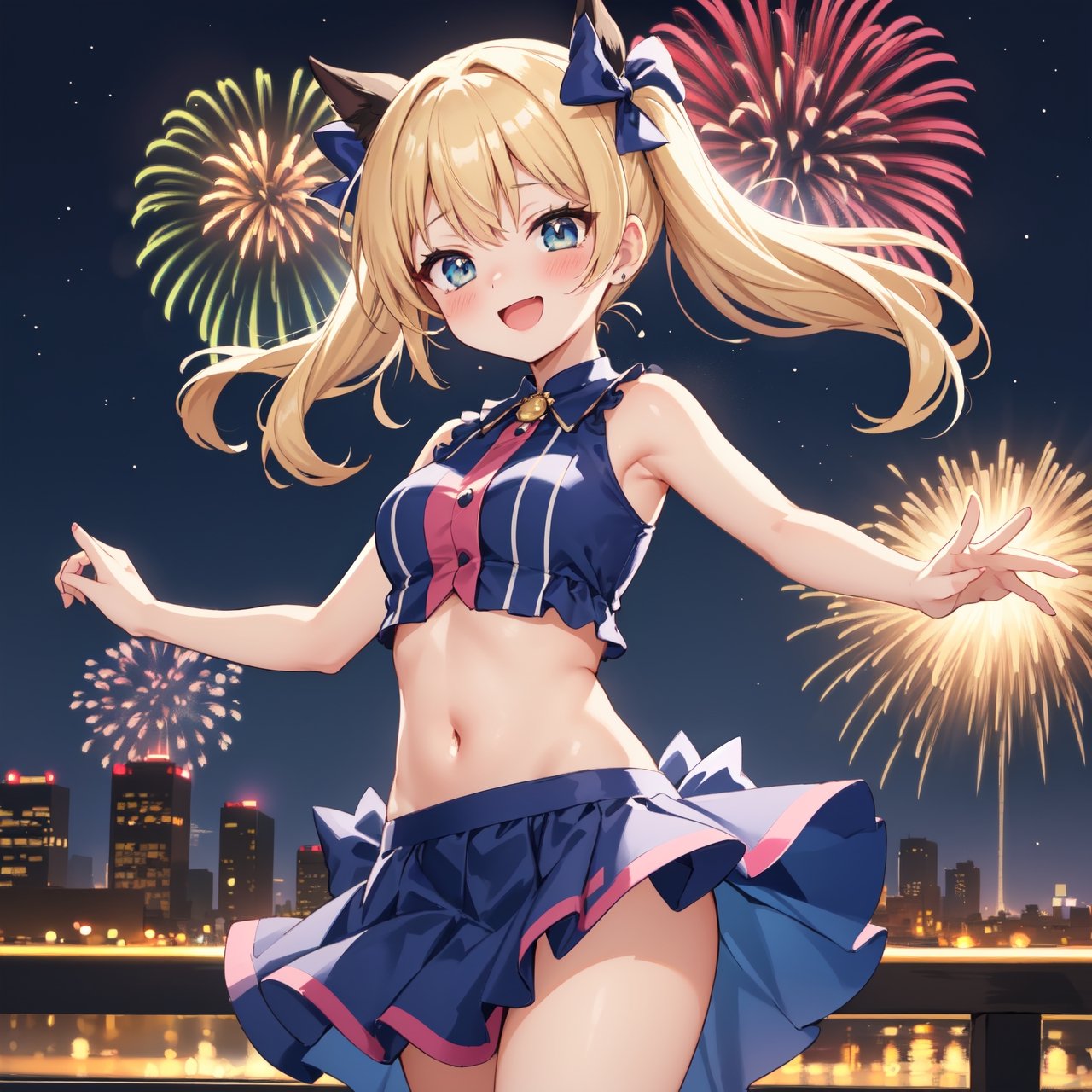 In a nighttime setting illuminated by dazzling fireworks, the modern anime girl beams with infectious happiness. Her tousled blonde hair cascades freely, a carefree contrast to the organized chaos of the night, reflecting her playful spirit. She sports an effortlessly stylish ensemble—a cute crop top paired with a flowing skirt, slightly tousled and giving off an air of spontaneity.

Her attire, though slightly disheveled from the excitement of the night, only adds to her charm. A charmingly messy hairdo is adorned with a cute, oversized hair bow that adds a touch of adorable fashion to her look. The vibrant colors of her outfit pop against the night sky, accentuating her joyful demeanor.

Gone is the previous hint of solitude; now, her expression radiates pure happiness, cheeks tinged with a rosy blush from the exhilaration of the moment. Her eyes sparkle with delight as she revels in the beauty of the fireworks, their colorful bursts painting the sky behind her in a mesmerizing display.

Amidst the night's chaos, she stands confidently, embracing the lively atmosphere with open arms. The cityscape twinkles around her, but her focus remains on the captivating display above, the sheer joy evident in her infectious smile. This modern girl embodies vivacity and carefree happiness, capturing the essence of a celebratory night filled with excitement and newfound happiness.