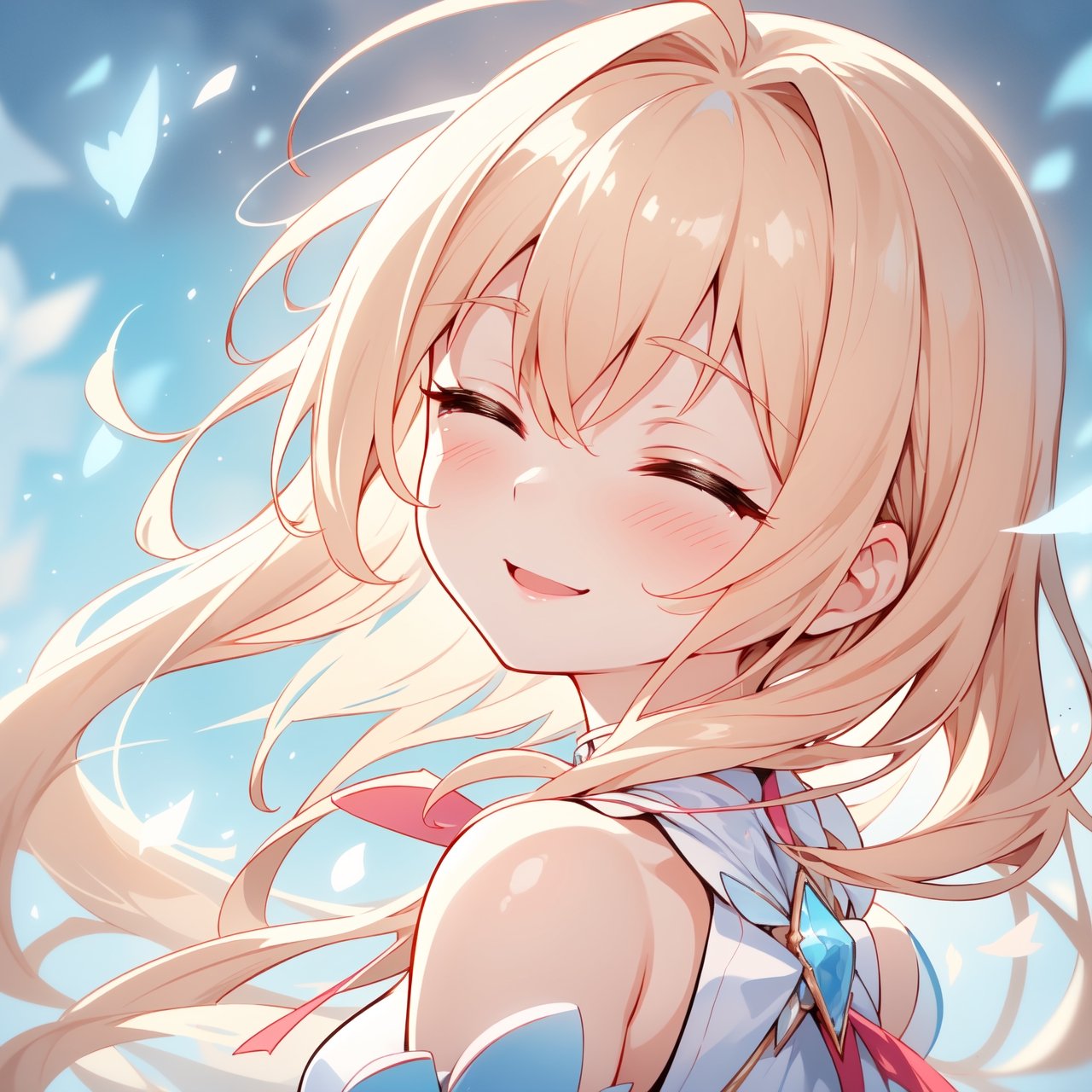 In this close-up portrait, the anime girl stands in a moment frozen in time, head tilted slightly upward and turned back, creating an endearing pose. With her body facing forward, she rotates her neck to glance over her shoulder, a playful and joyful expression adorning her face. Her head turns enough to reveal about half of her face, offering a glimpse of her enchanting smile and closed eyes that convey pure happiness.

The animation of her turning to look back captures the essence of someone being called from behind, responding with delight and anticipation. Her cheeks are delicately flushed with a rosy blush, adding a touch of warmth to her already beaming countenance.

This super-close portrait centers on the intimate moment of her looking back, encapsulating the excitement and happiness of being called by someone she cherishes. The focus remains on her joyful expression, capturing the subtle yet captivating emotions of the fleeting moment.