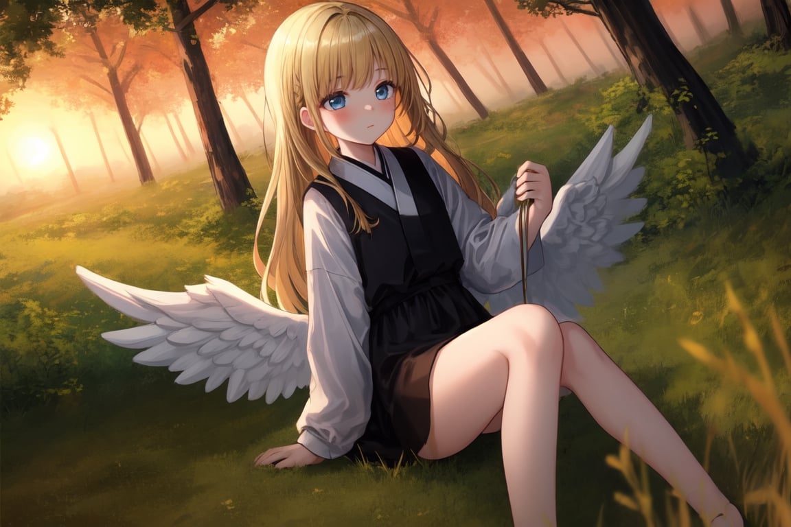 photo, 1 girl , long hair, blonde hair, evening scene, oversized clothes, cute face, cute hands, cute legs, 1 boy korean boy, black silky hairs, cute face, looking the girl with love, little bit far, wide angel shot, cenetred subjects, enviorment background, small grass, far away forest, evenig scene, golden hour photo,