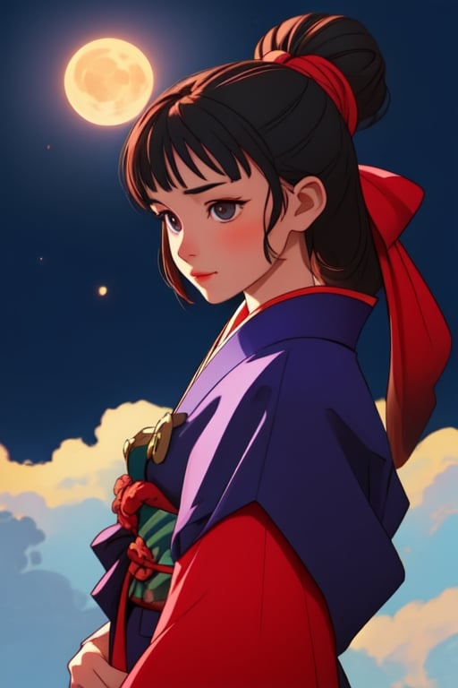 Nena japonesa de 15 años con traje tradicional a la luz de la luna