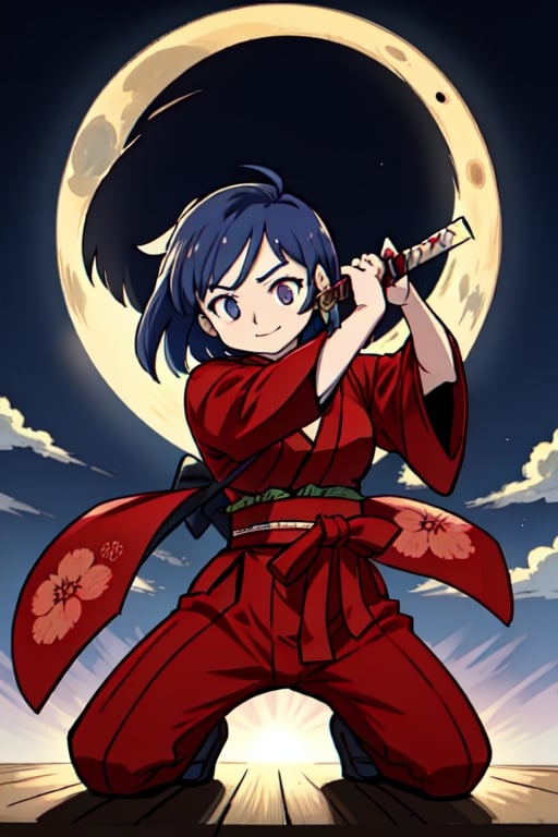 Maxima calidad, manos definidas, Nena japonesa de 15 años con traje tradicional japonés a la luz de la luna, de pie viendo al espectador con una katana en mano, pose de combate
