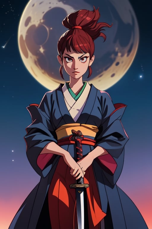Maxima calidad, manos definidas, Nena japonesa de 15 años con traje tradicional a la luz de la luna, de pie viendo al espectador con una katana en mano