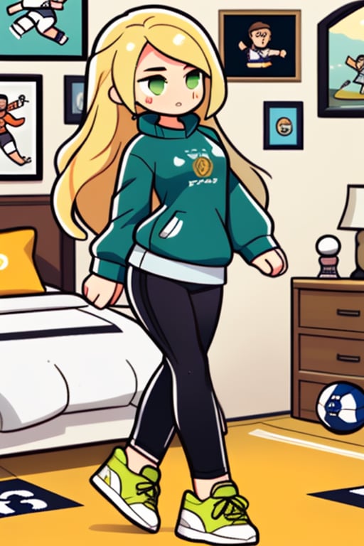 Girl, Athletic, Athletic, tall, long blonde hair, bright green eyes. Competitive, determined, passionate about sports and outdoor life. It has a sporty and comfortable style, with leggings, sweatshirts and sneakers. His room has a sporty atmosphere, with posters of famous athletes and trophies won in competitions.