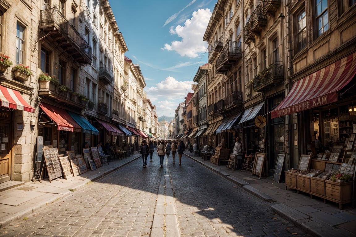 fine art portrait of street, city, shops, noon, buildings in the background, photorealistic, realistic, Masterpiece