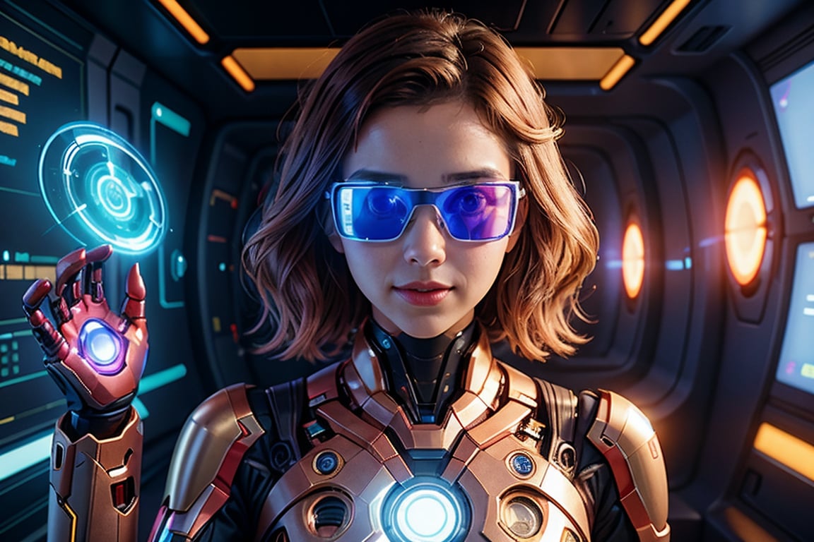 a futuristic environment, a young woman learns with the help of artificial intelligence, a calm, youthful and jovial environment, warm colors, futuristic elements, holograms, accessories, virtual reality glasses. augmented reality, the image of a brain as a hologram, ironman-type effects.