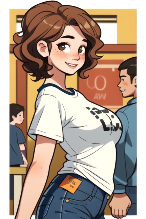(frontal view, looking at front, facing viewer:1.2) 1girls, beautiful, attractive, Latina, short, voluptuous, medium breasts, curly brown hair, freckles on her cheeks, charming smile. light skin Empathetic, outgoing, always willing to listen to others. She has a relaxed and comfortable style, with shirts with positive messages, jeans.