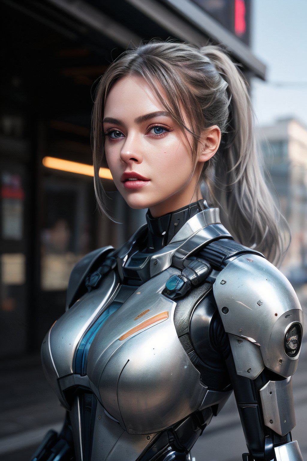 photorealistic, 8k, a woman, beautiful face, high detail face, blue eyes, silver hair, sexy body, ponytail, mecha suit armor, mecha, summer noon, natural lighting, cinematic, futuristic city, in a war, futuristic big rifle, ready for battle,