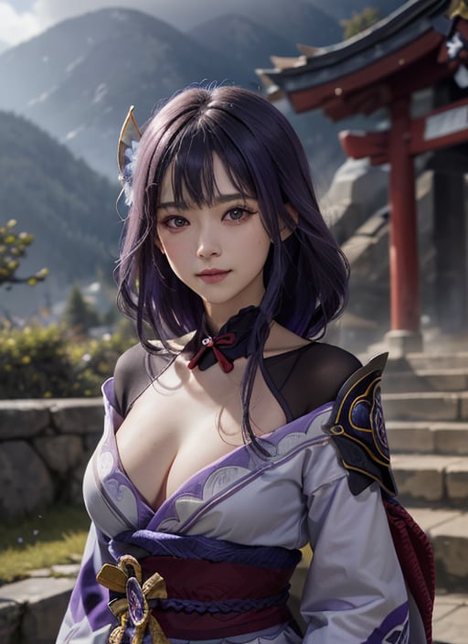 , raidenshogundef, upper body, smile, blush, outdoors, day, simple background, blue sky, long purple hair, long braided hair, sky, temple, looking at viewer, perfect breasts, perfect face, medium breasts, see through top, stairs, mountain, moody lighting, facing viewer,raidenshogundef, photorealistic, absurdres, sword appears from her chest, supernatural power, samurai supernatural power, purple glows, purple lightning