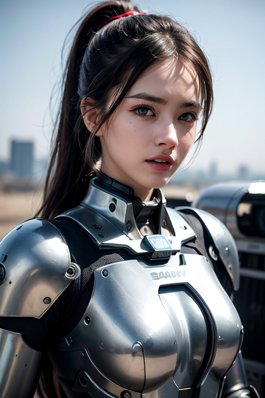 photorealistic, 8k, a woman, scar in face, high detail face, blue eyes, silver hair, sexy body, upper body, ponytail, mecha suit armor, mecha, summer noon, natural lighting, cinematic, Apocalypse city in a war, dusty air, a gun in hands, ready for battle, mecha, looking at viewer,