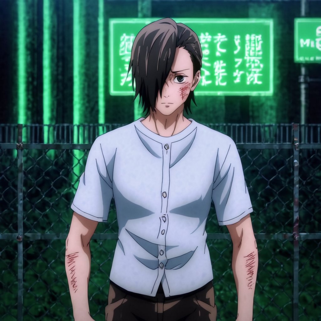 score_9, score_8_up, score_7_up, source_anime, rating_safe, intricate details, 1boy, solo, male focus, , junpei_yoshino, black hair, black eyes, short hair, hair over one eye, light_particles, junpei_yoshino, (open_black_jacket:1.5), (torn_clothes:1.5) , night_cityscape, (wounded:1.2), (cowboy_shot:1.4), (dynamic_attack_pose:1.4), posing