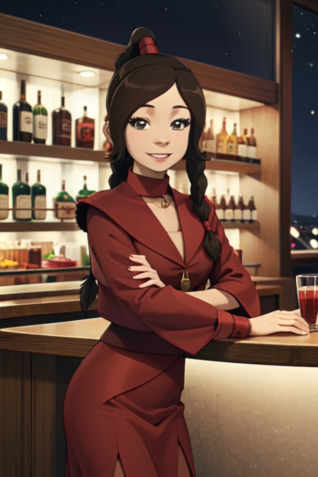 masterpiece, best quality, 1girl, tylee, smile, brown hair, braid, looking at viewer, night, bar, juice, red jacket, fur_collar, smiling