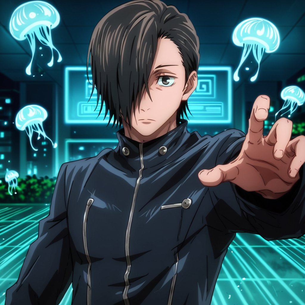 score_9, score_8_up, score_7_up, source_anime, rating_safe, intricate details, 1boy, solo, male focus, , junpei_yoshino, black hair, black eyes, short hair, hair over one eye, light, (dynamic pose:1.2), junpei_yoshino, (black_jacket:1.5), casting_blue_energy, jellyfish_blue_behind. magic_background, determinated_face, looking_at_camera, night_cityscape, grinning