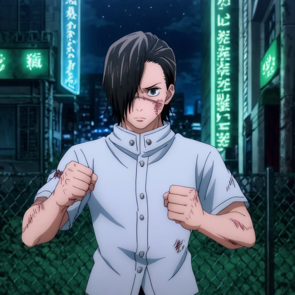 score_9, score_8_up, score_7_up, source_anime, rating_safe, intricate details, 1boy, solo, male focus, , junpei_yoshino, black hair, black eyes, short hair, hair over one eye, junpei_yoshino, (open_black_jacket:1.5), (torn_clothes:1.5) , night_cityscape, (wounded:1.2), (cowboy_shot:1.4), (punching:1.4), (Blue_energy_fist:1.4)