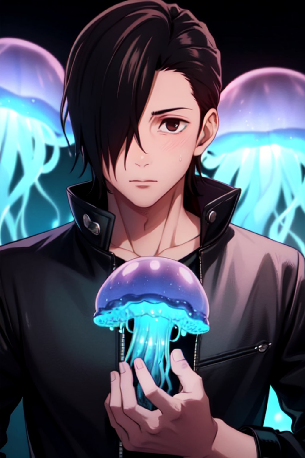 masterpiece, best quality, high quality, 1boy, solo, male focus, looking at viewer, junpei_yoshino, black_jacket, casting_blue_energy, jellyfish behind. magic_background, purple lighting, determinated_face