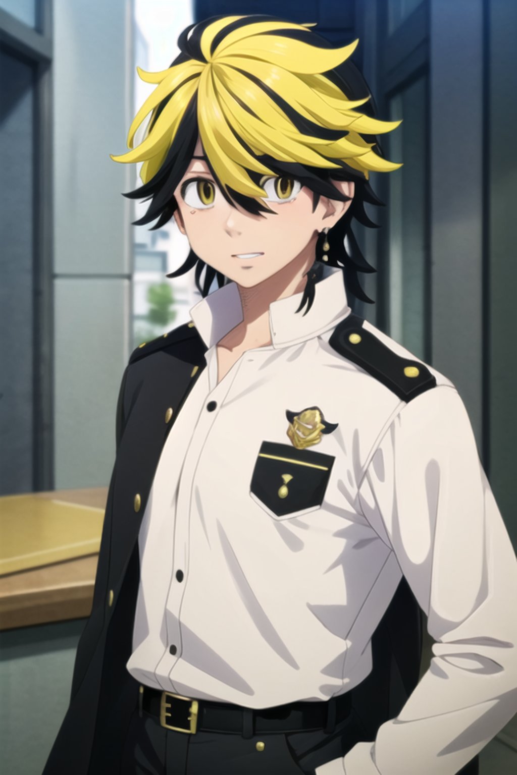 masterpiece, best quality, high quality, 1boy, solo, male focus, looking at viewer, hanemiya_kazutora, blonde hair, black hair, yellow eyes, multicolored hair, police_uniform