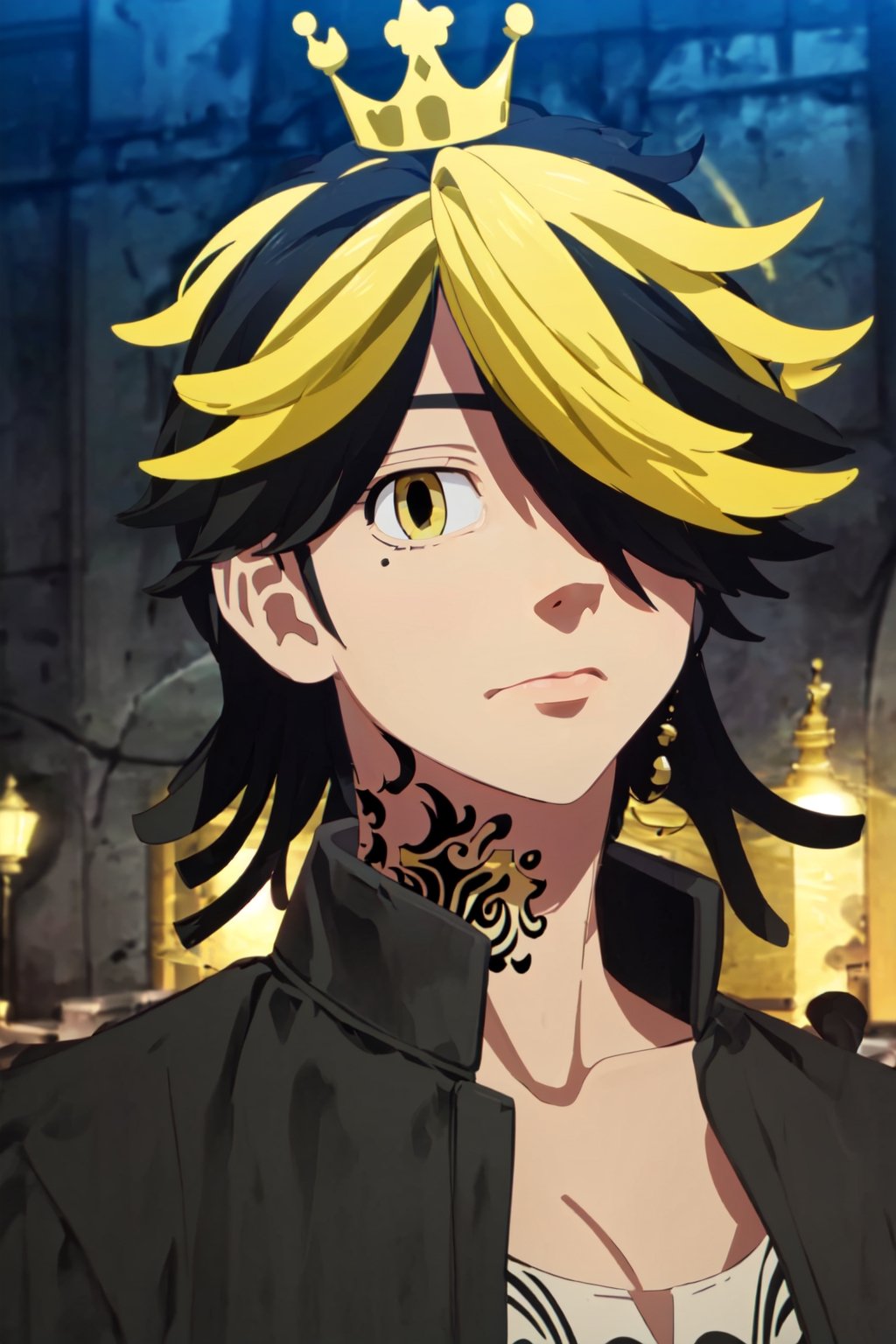 masterpiece, best quality, high quality, 1boy, solo, male focus, looking at the viewer, (crown:1.5), hanemiya_kazutora, (royal_uniform:1.4), black_cape_with_yellow_edge, (yellow lights:1.4), masterpiece, best quality, high quality, (cowboy_shot:1.5), centered, award-winning portrait, masterpiece, best quality, (intricate details), (colorful), cinematic lighting, extremely detailed CG unity 8k wallpaper, (night:1.5), castle, (perfect_fingers:1.5), (perfect face:1.7)