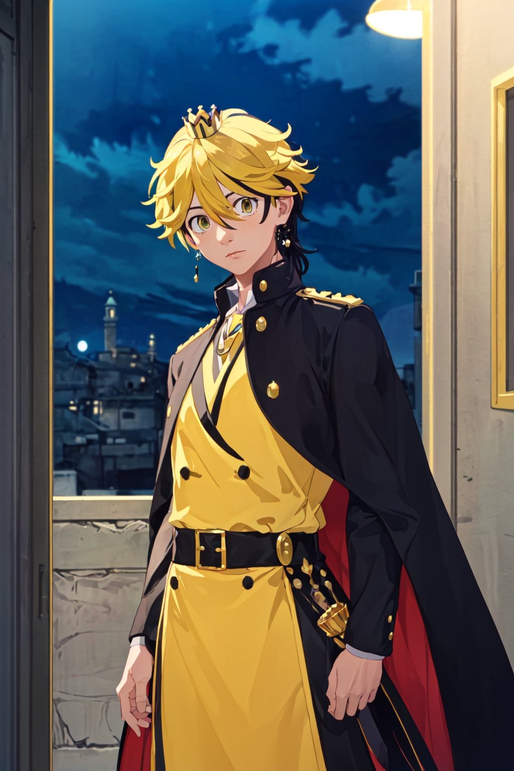 masterpiece, best quality, high quality, 1boy, solo, male focus, looking at the viewer, (crown:1.5), hanemiya_kazutora, (royal_uniform:1.4), black_cape_with_yellow_edge, (yellow lights:1.4), masterpiece, best quality, high quality, (cowboy_shot:1.5), centered, award-winning portrait, masterpiece, best quality, (intricate details), (colorful), cinematic lighting, extremely detailed CG unity 8k wallpaper, (night:1.5), castle
