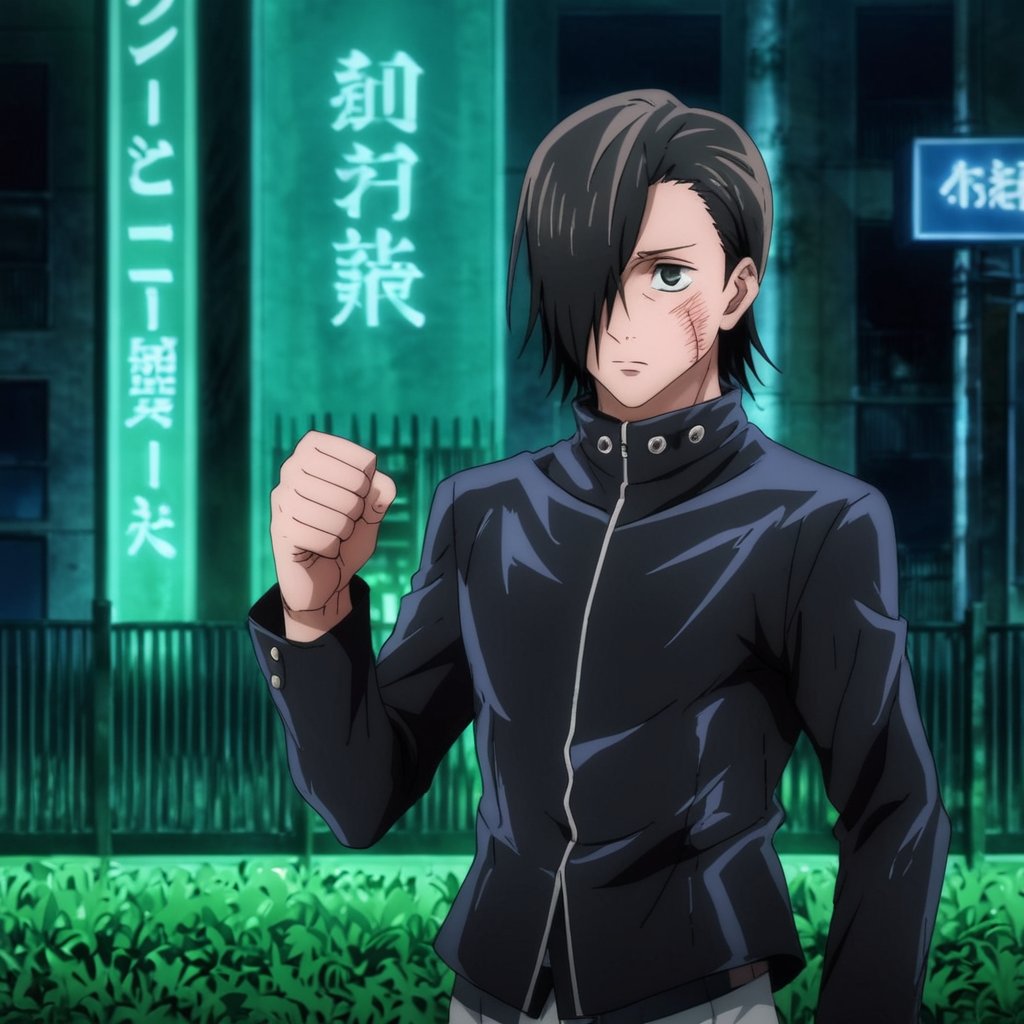 score_9, score_8_up, score_7_up, source_anime, rating_safe, intricate details, 1boy, solo, male focus, , junpei_yoshino, black hair, black eyes, short hair, hair over one eye, junpei_yoshino, (black_jacket:1.5), (torn_clothes:1.5) , night_cityscape, (wounded:1.2), (cowboy_shot:1.4), (punching:1.4), (cyan_energy_fist:1.4), (open_clothes:1.3), (ripped_clothing:1.4)