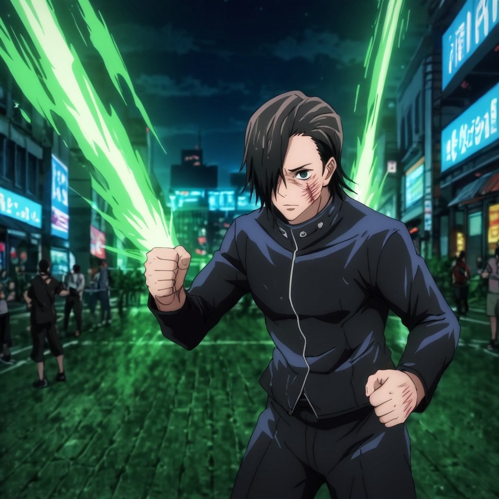 score_9, score_8_up, score_7_up, source_anime, rating_safe, intricate details, 1boy, solo, male focus, , junpei_yoshino, black hair, black eyes, short hair, hair over one eye, junpei_yoshino, (open_black_jacket:1.5), (torn_clothes:1.5) , night_cityscape, (wounded:1.2), (cowboy_shot:1.4), (punching:1.4), (Blue_energy_fist:1.4)