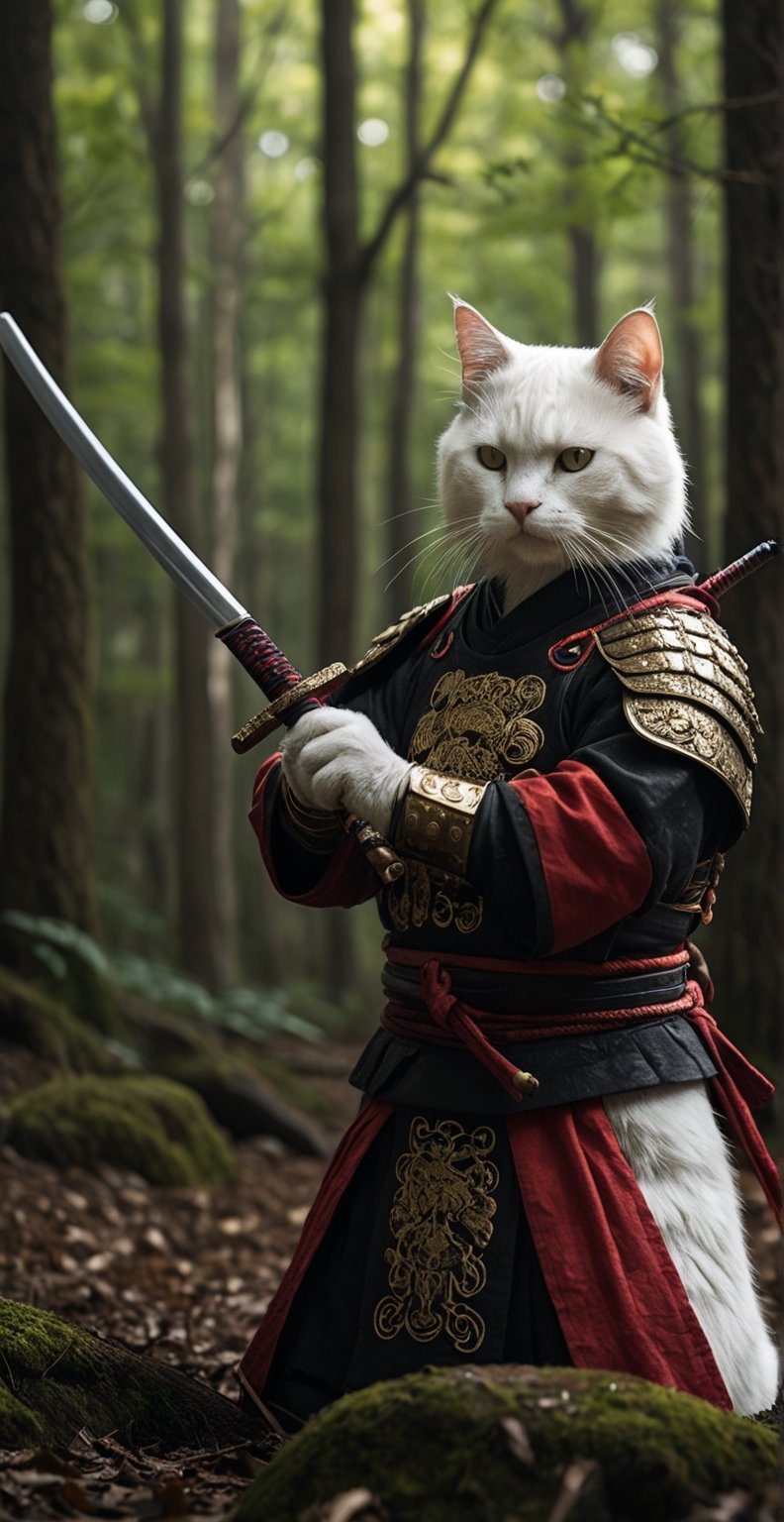 real cinema photo, A white Cat face Japanese samurai in samurai armor holds a Japanese sword. Kenjutsu stance. Forest, One samurai in black and red armor. Wearing a gold embroidered battle surcoat. Yoroi musha, cinematic photo, real, d850