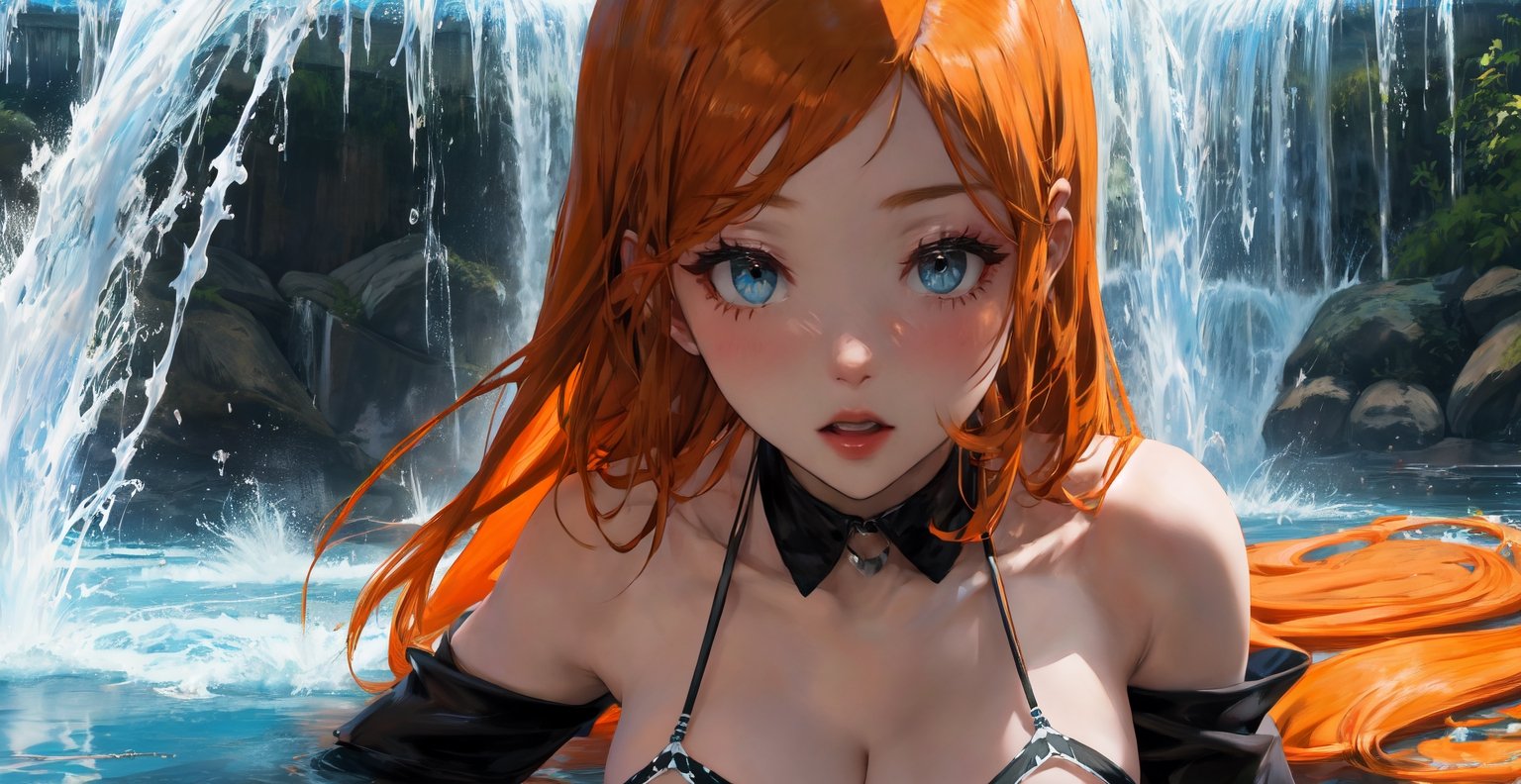 lake waterfall background,lacy black bikini,(masterpiece), best quality, expressive eyes, perfect face, looking at viewer, 1girl, solo, brown eyes, orange hair, long hair, orihime def, hair ornament, medium breasts, detached sleeves,sakimichan