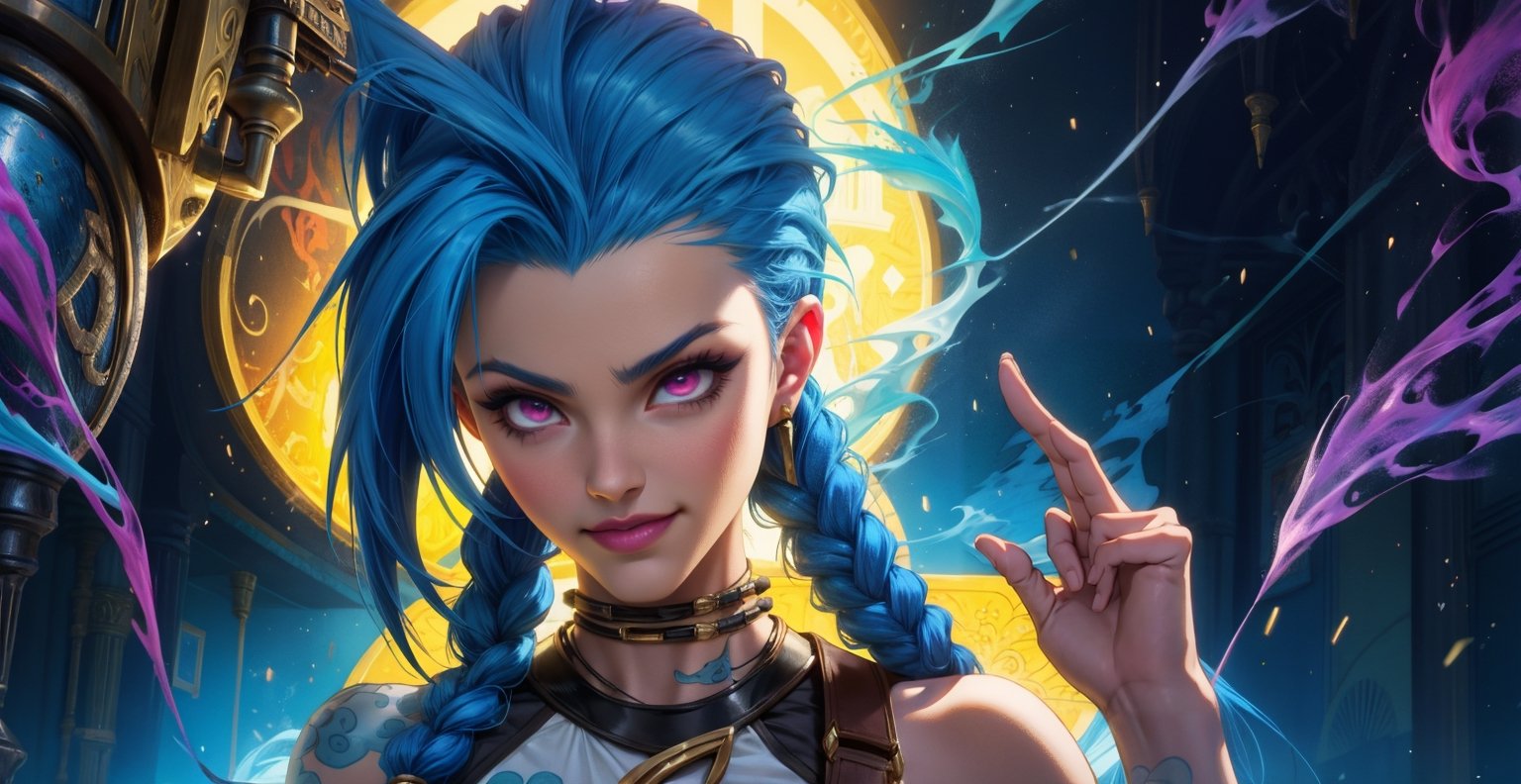 (Jinx, Legue of Legends, Arcane), Tall, thin, with tattoos of sky clouds and weapons on both hands, blue hair. In a chaotic, postpunk background, after a bomb explodes and smoke is seen. She poses like a heroine, a savior, a face with a smile. hyperrealistic effect, More detail XL,LegendDarkFantasy, another bored detail, cinematic scene,DonMB4nsh33XL ,more detail XL,DonM3lv3sXL,jinx (league of legends),ase_sese
Holding_gun, (best quality, masterpiece, colorful, highest detailed), Arcane, flirting, bokeh, (intricate details, hyperdetailed:1.15), full-body_portrait ,JinxLol,underboob tattoo,ase_sese
,sakimichan