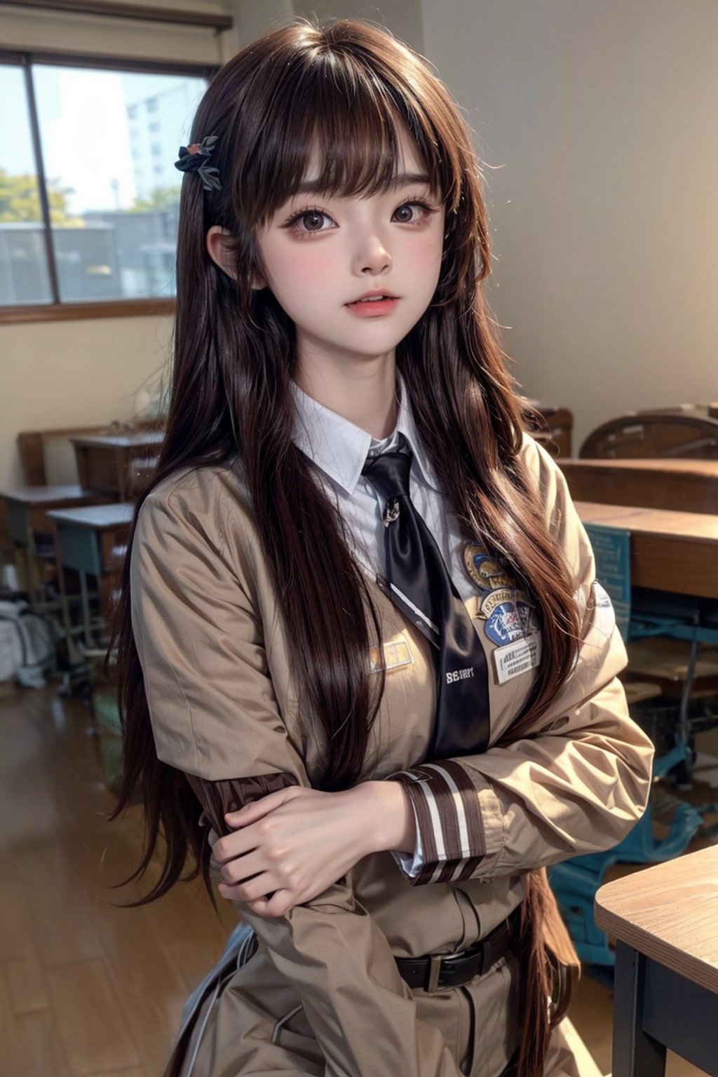 15 year old student, long brown hair pulled up, wearing uniform with long tie, (rounded breast:1.2), school background