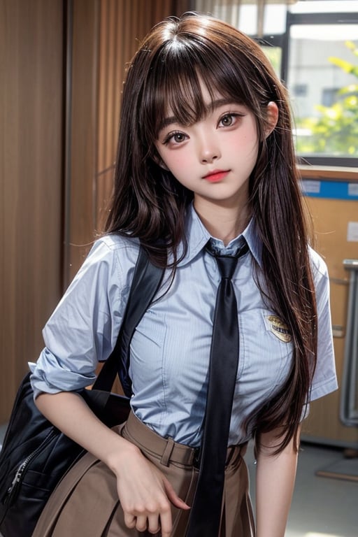 15 year old student, long brown hair pulled up, wearing uniform with long tie, (rounded breast:1.2), school background