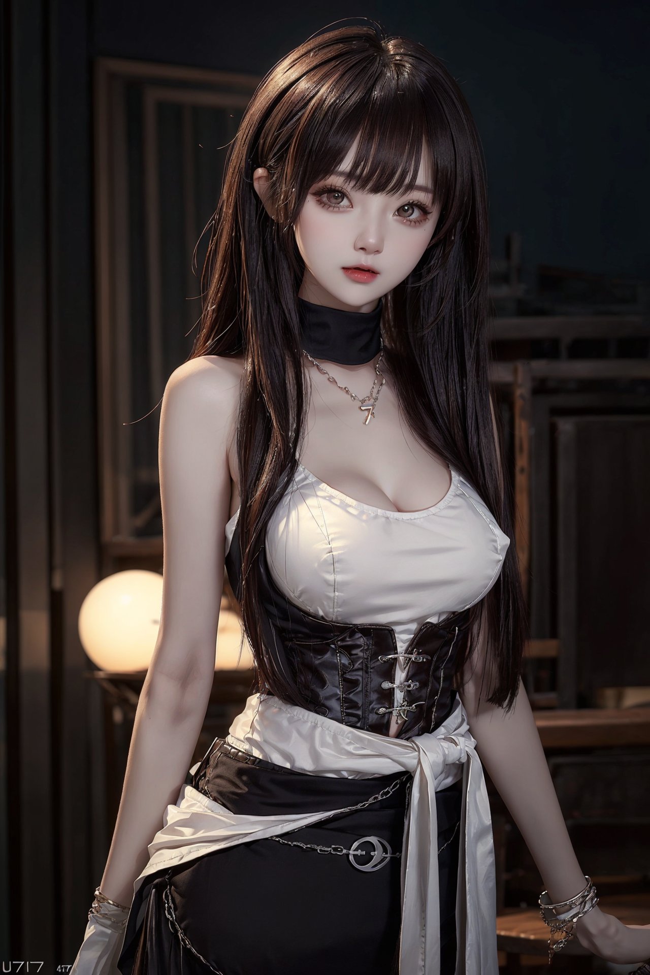 a cute and gorgeous girl, 17 year old, perfect body, long straight hairs, side bangs, full head-to-waist portrait,  
perfectly round big breasts, nipples, masterpiece, depth of field, ultra detailed, high quality concept art, incredibly smooth, trending on artstation, 4k HD, cute expression, 