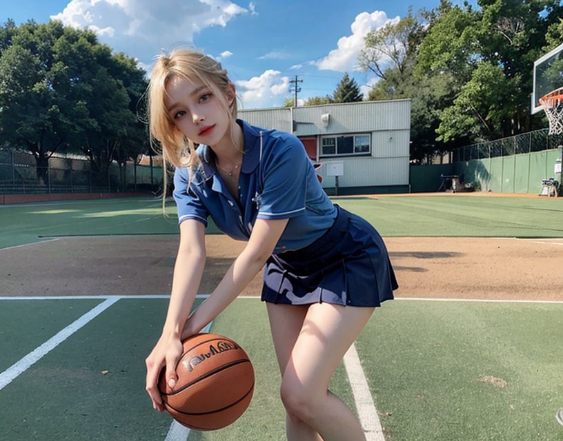 a beautiful young girl, blonde, (hi-top fade:1.3), sunshine, outfield, basketball field, (lean over on basketball:1.2), huge breast, ponytail, full body, realistic skin, head tilt, detailed eyes and face, blushing, ashamed, blue eyes, symmetry smile eyes,
japan school uniform, white shirt, luxury_deep_blue_shortskirt, ultra detailed finger, two bare long legs, white-skinned girl, depth_of_field, motion_blur, spots shot, full body shoot, jk_lure_dress2