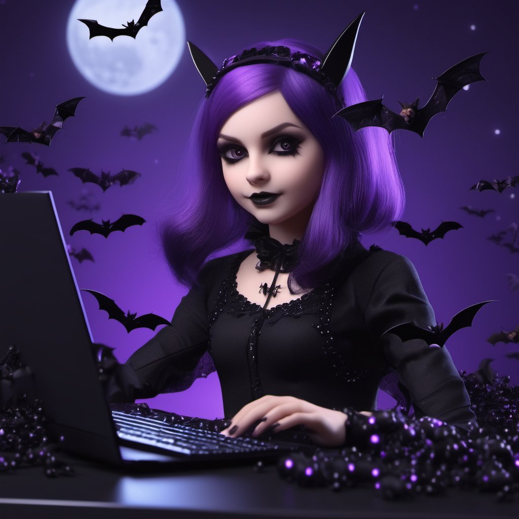 Cute Goth girl playing on the computer with a bunch of little cute bats around her,
gaming , gothic, dressed in black and purple, cute bats, cute picture, detalied, 8k