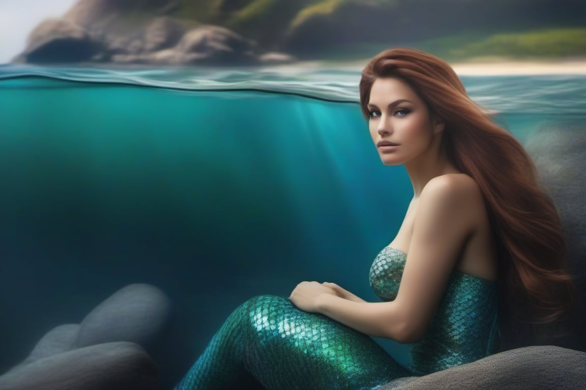 photo-realistic portrait of a mermaid sitting on a rock by the ocean. Use the Canon EOS R5 camera with a 100mm lens at F 1.2 aperture setting to blur the background and isolate the subject. The lighting should be soft and dreamlike with the sun shining on the mermaid’s face and tail. Image inspiration like www.tipseason.com. Use the Midjourney v5 with photorealism mode turned on to create an ultra-realistic image that captures the beauty and mystery of the mermaid. Ideal female body proportions, big bust