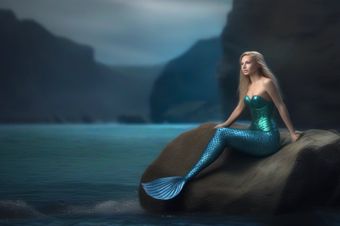 photo-realistic portrait of a mermaid sitting on a rock by the ocean. Use the Canon EOS R5 camera with a 100mm lens at F 1.2 aperture setting to blur the background and isolate the subject. The lighting should be soft and dreamlike with the sun shining on the mermaid’s face and tail. Image inspiration like www.tipseason.com. Use the Midjourney v5 with photorealism mode turned on to create an ultra-realistic image that captures the beauty and mystery of the mermaid.