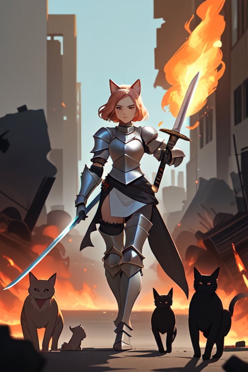 female girl with cat head walking towards wearing battle armour and holding a sword of fire. in the background there is a scene of destruction of a dog like civilization.