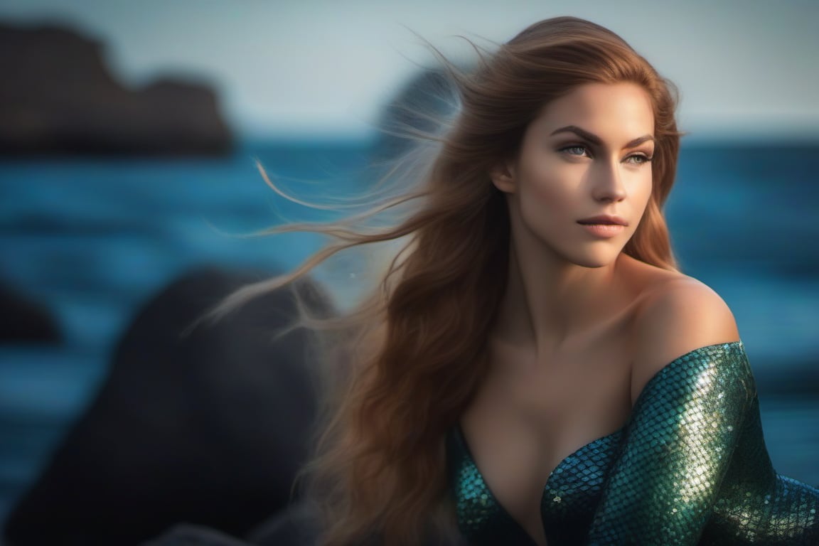 photo-realistic portrait of a mermaid sitting on a rock by the ocean. Use the Canon EOS R5 camera with a 100mm lens at F 1.2 aperture setting to blur the background and isolate the subject. The lighting should be soft and dreamlike with the sun shining on the mermaid’s face and tail. Image inspiration like www.tipseason.com. Use the Midjourney v5 with photorealism mode turned on to create an ultra-realistic image that captures the beauty and mystery of the mermaid. Ideal female body proportions