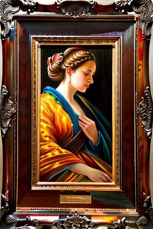 The painting is set within a sturdy wooden frame, which complements the artwork's overall aesthetic. Its borders are embellished with intricate carvings, adding a touch of elegance and sophistication to the masterpiece.
Moving on to the main subject of the painting, a central figure grabs the viewer's attention. The character appears to be a woman, positioned prominently in the foreground. She is depicted in a naturalistic manner, capturing her vitality and conveying a sense of presence. Her vibrant and lifelike features are accentuated by the artist's skillful use of color, light, and shadow.

The painting style employed is reminiscent of realism, where meticulous attention has been given to detail. Every aspect, from the subject's facial expressions to the intricacies of her clothing, is rendered with precision and accuracy. The artist's mastery is evident in the nuanced brushwork and the ability to capture the essence of the human form.
As for the painting materials used, the artist opted for oil paints. This choice allows for greater flexibility, offering a wide range of colors, depth, and texture. The use of oil also gives the painting a lustrous quality, enhancing the overall visual experience for the viewer.
In conclusion, this artwork is a magnificent portrayal of a woman, executed in a realistic style using oil paints. The carefully crafted frame provides an elegant border, emphasizing the importance of the artwork within. The attention to detail and skillful brushwork showcase the artist's talent and create a captivating visual experience.